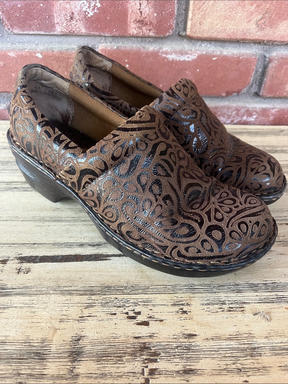 boc Brown Embossed Paisley Leather Slip-On Clogs